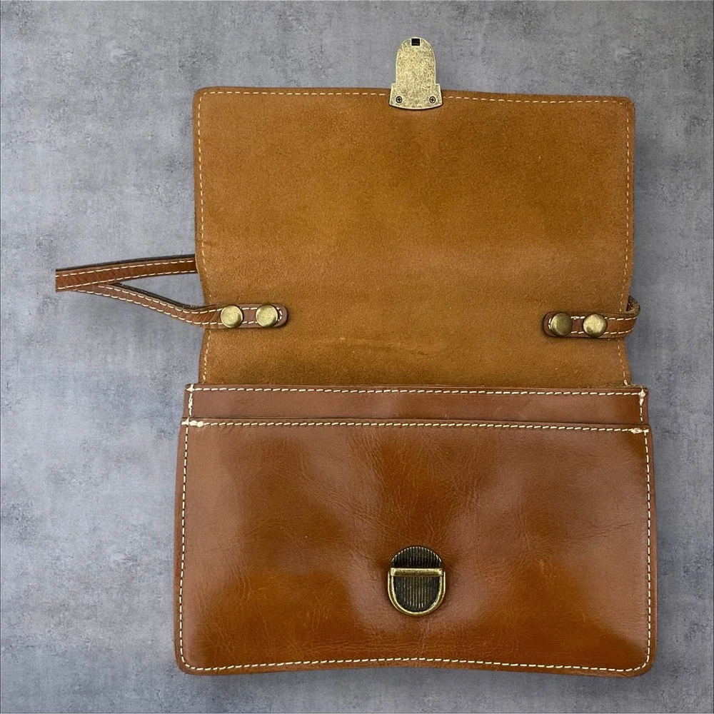 Patricia Nash Italian Leather Brown Crossbody Bag Vintage Push Lock Accordion‎